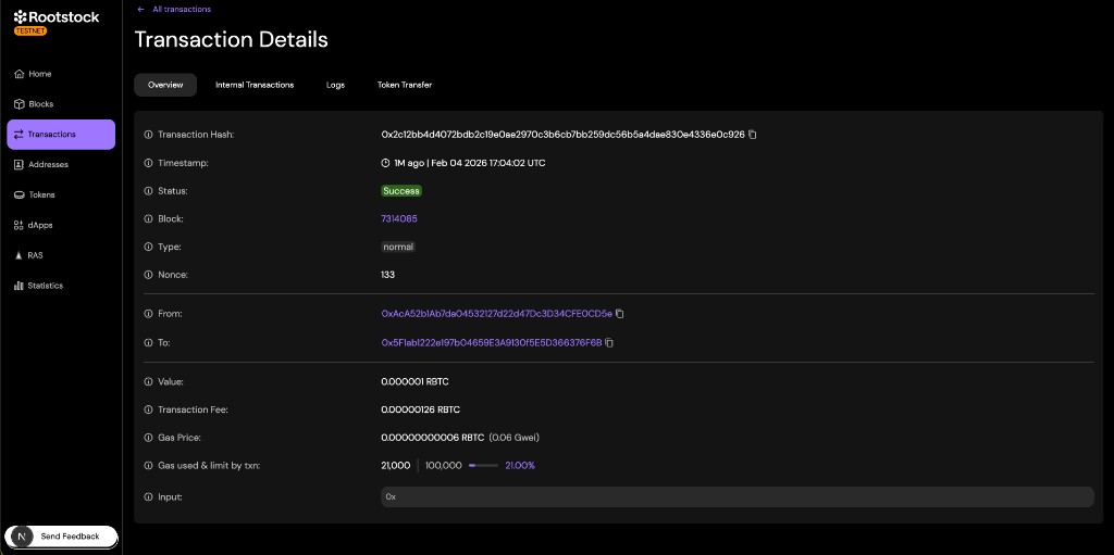 Example transaction details: normal type, 0.000001 rBTC value, 21,000 gas used, input 0x